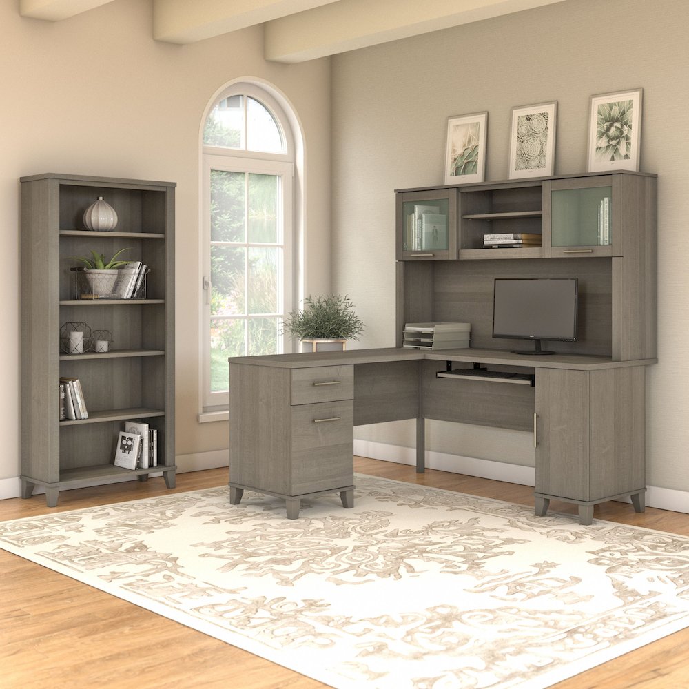 Somerset 60W L Shaped Desk with Hutch and 5 Shelf Bookcase. Picture 2