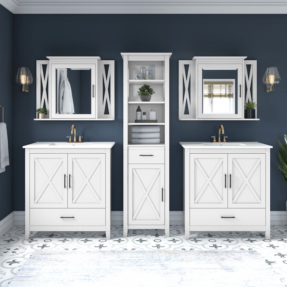 Key West 64W Double Vanity Set with Sinks, Medicine Cabinets and Linen Tower. Picture 2