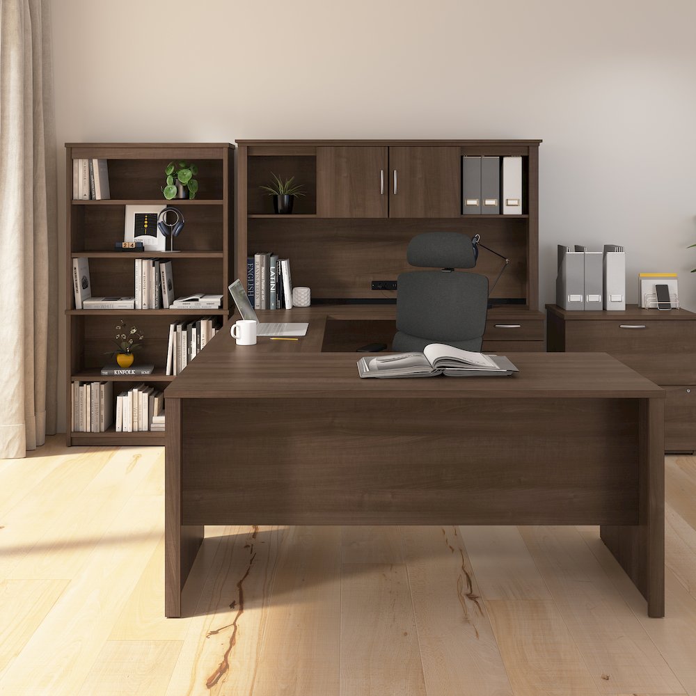66W U-Shaped Desk with Hutch, Lateral File Cabinet, and Bookcase. Picture 2
