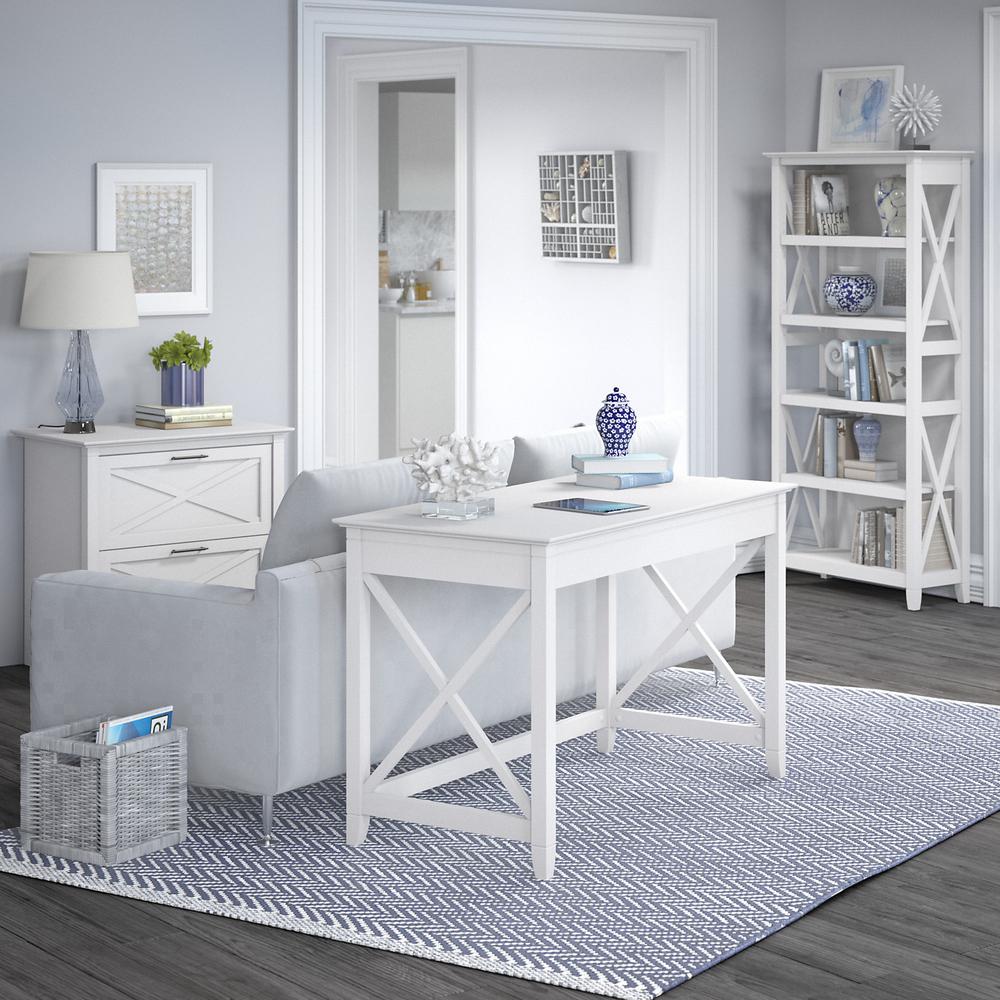 Bush Furniture Key West 48W Writing Desk with 2 Drawer Lateral File Cabinet and 5 Shelf Bookcase in Pure White Oak. Picture 2
