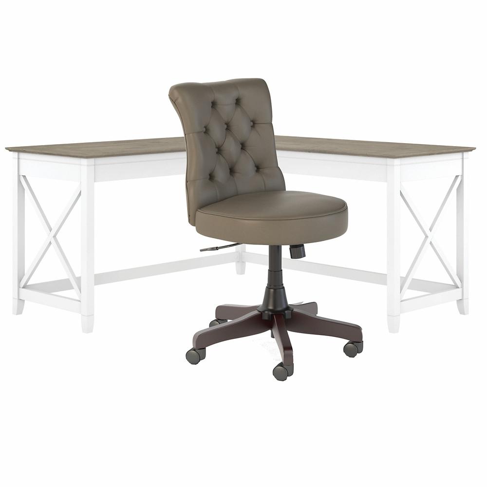 60W L Shaped Desk with Mid Back Tufted Office Chair Shiplap Gray/Pure White. Picture 1