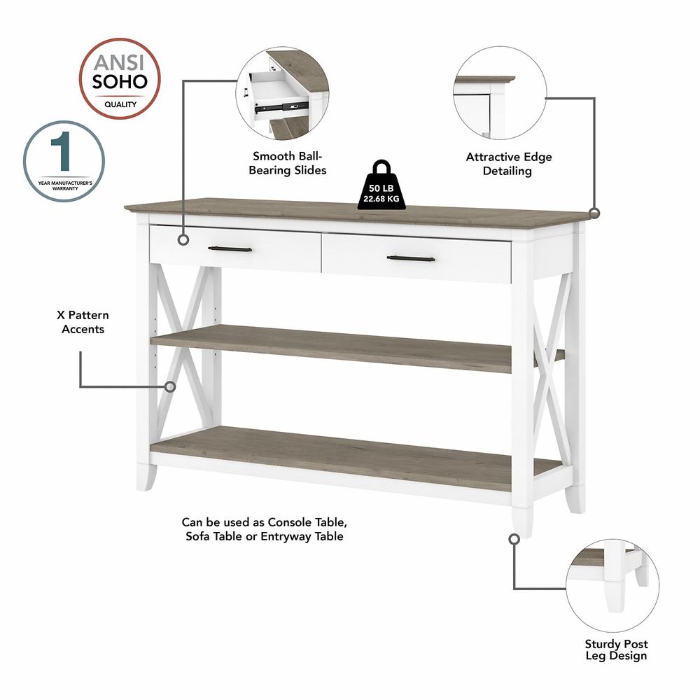 Key West Console Table with Drawers and Shelves in Pure White and Shiplap Gray. Picture 3