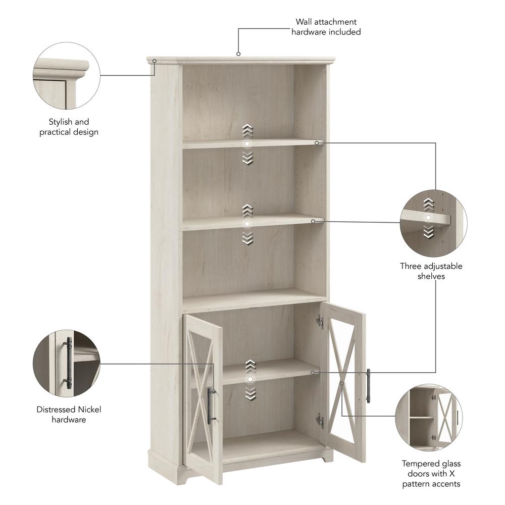 Farmhouse 5 Shelf Bookcase with Glass Doors - Set of 2 in Linen White Oak. Picture 3