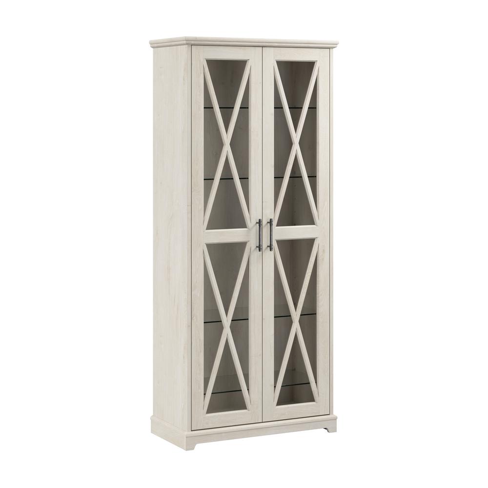 Farmhouse Curio Cabinet with Glass Doors and Shelves in Linen White Oak. Picture 1