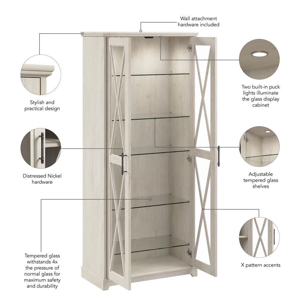 Farmhouse Curio Cabinet with Glass Doors and Shelves in Linen White Oak. Picture 4