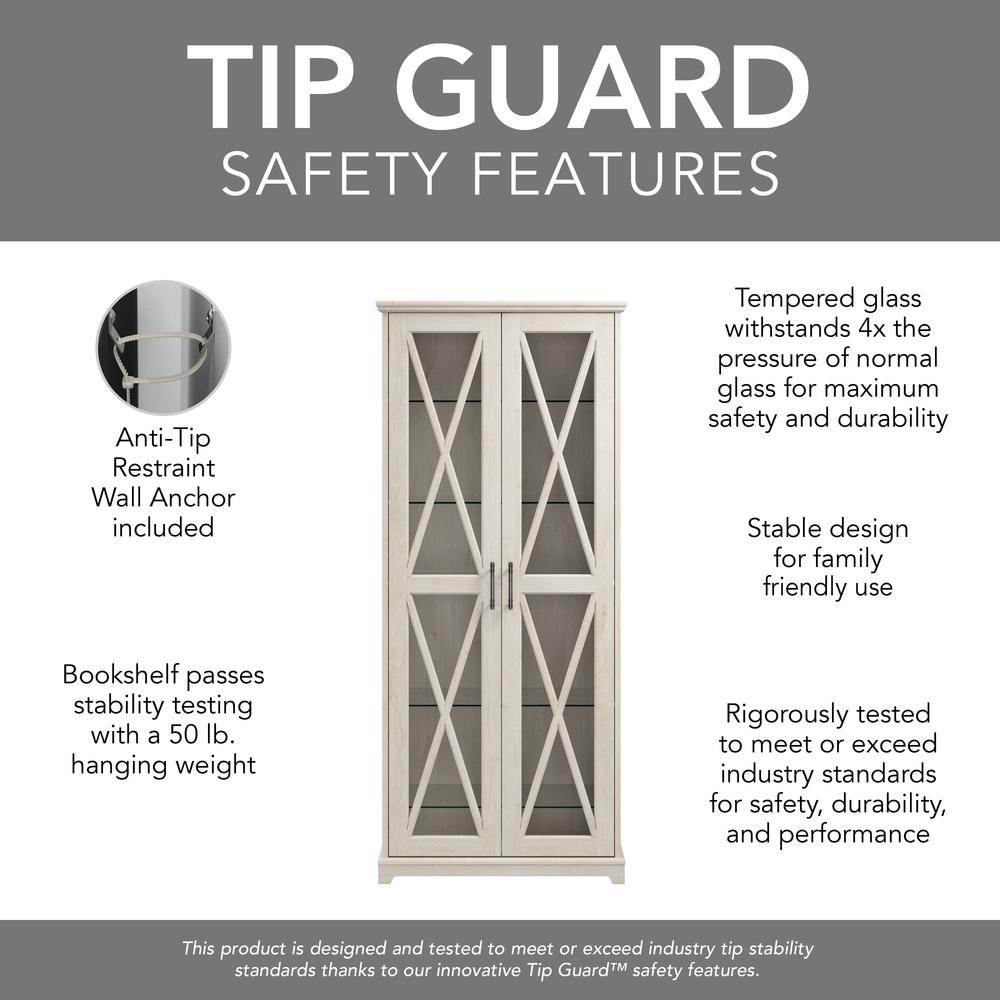 Farmhouse Curio Cabinet with Glass Doors and Shelves in Linen White Oak. Picture 6