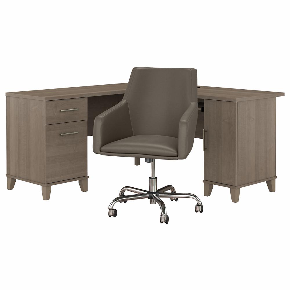 60W L Shaped Desk with Mid Back Leather Box Chair Ash Gray. Picture 1
