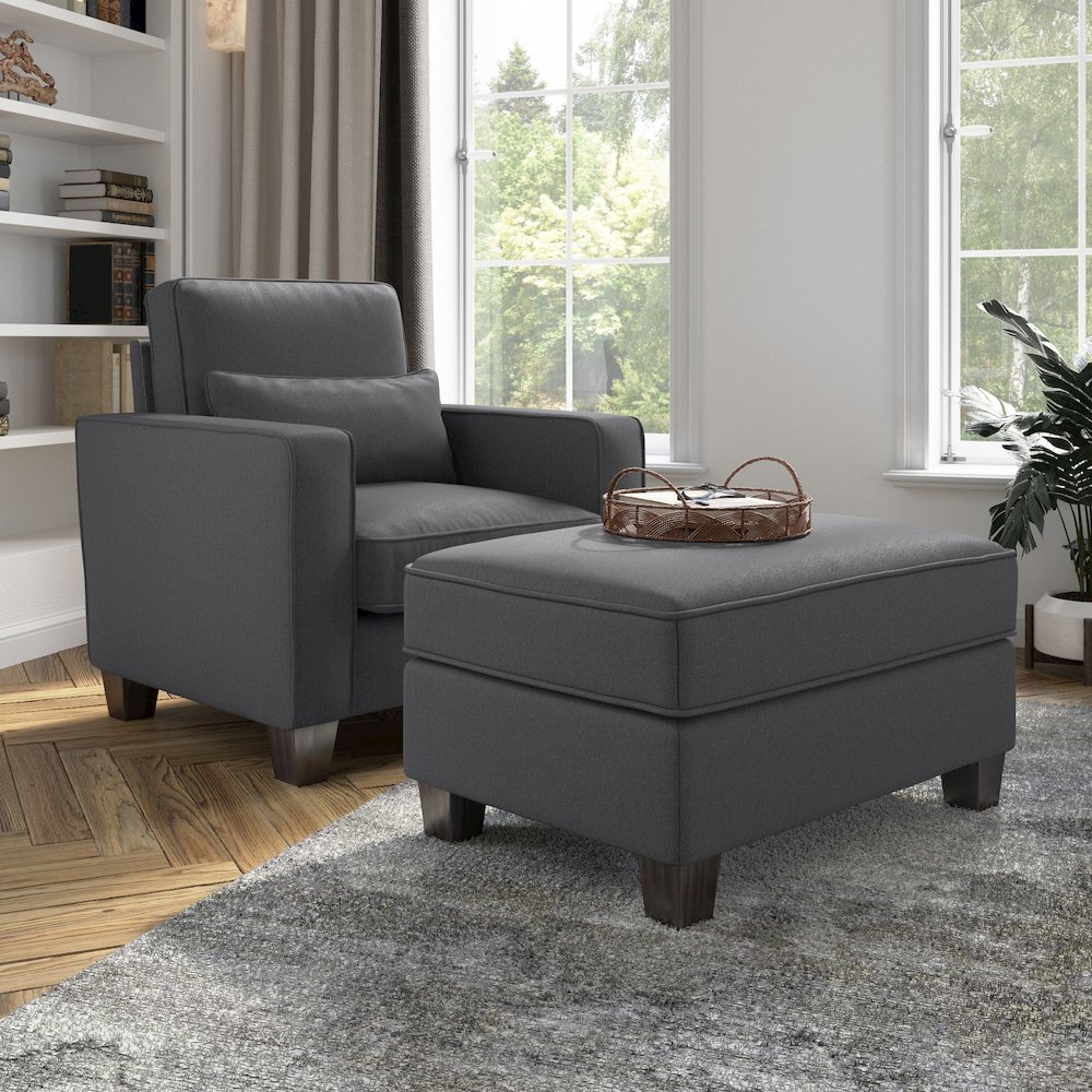 Stockton Accent Chair with Ottoman Set in Charcoal Gray Herringbone. Picture 5