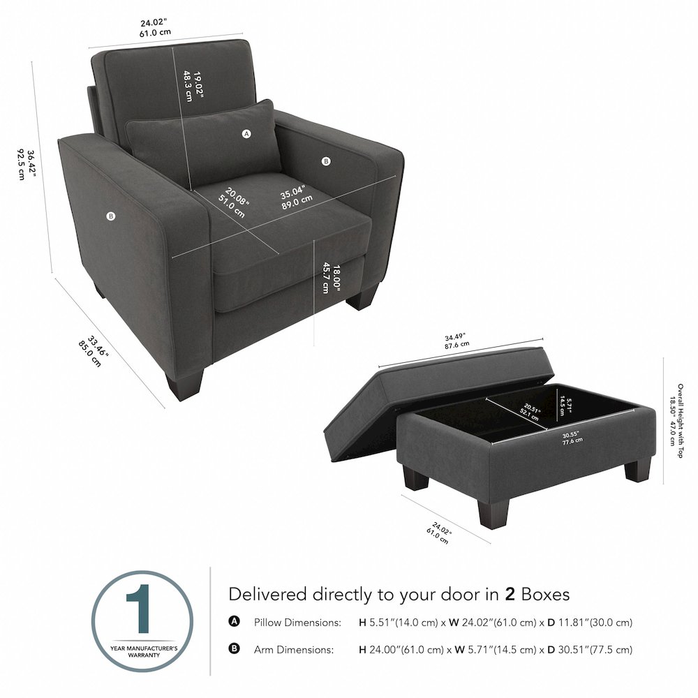Stockton Accent Chair with Ottoman Set in Charcoal Gray Herringbone. Picture 3