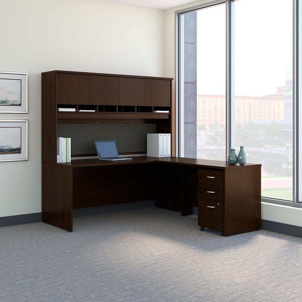 72W L Shaped Desk with Hutch and Mobile File Cabinet in Mocha Cherry. Picture 2