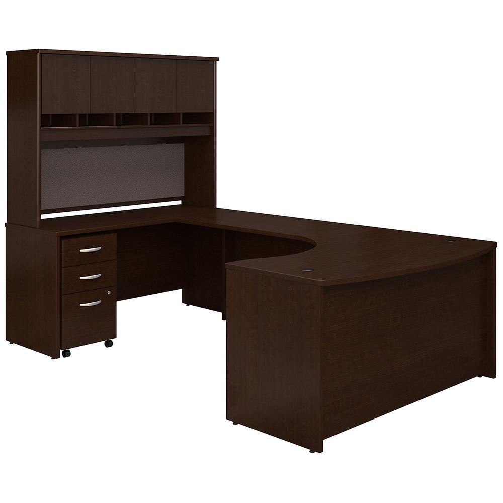 60W Left Handed Bow Front U Shaped Desk with Hutch and Storage in Mocha Cherry. Picture 1
