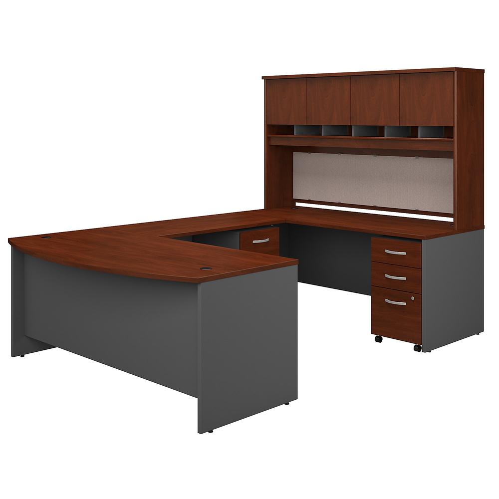 72W Bow Front U Shaped Desk with Hutch and Storage in Hansen Cherry. Picture 1