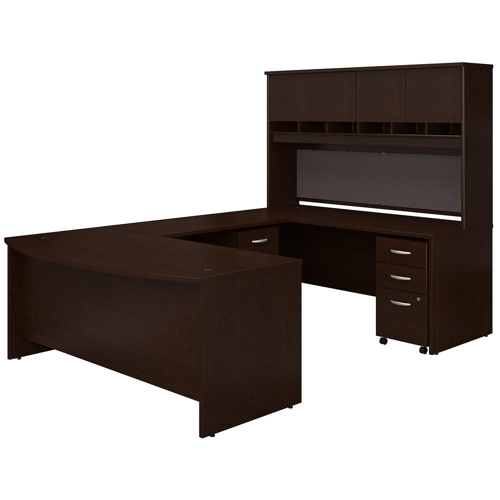 72W Bow Front U Shaped Desk with Hutch and Storage in Mocha Cherry. Picture 1
