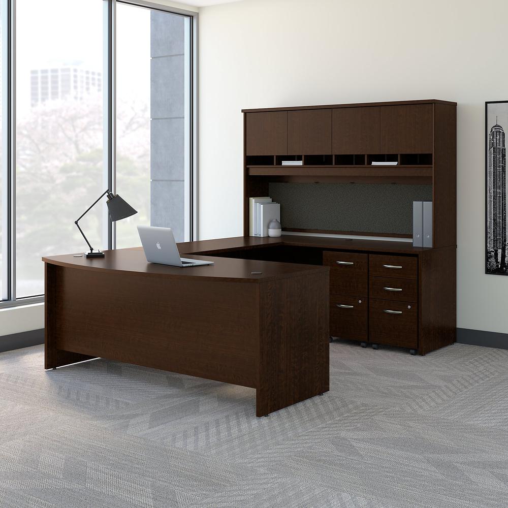 72W Bow Front U Shaped Desk with Hutch and Storage in Mocha Cherry. Picture 2