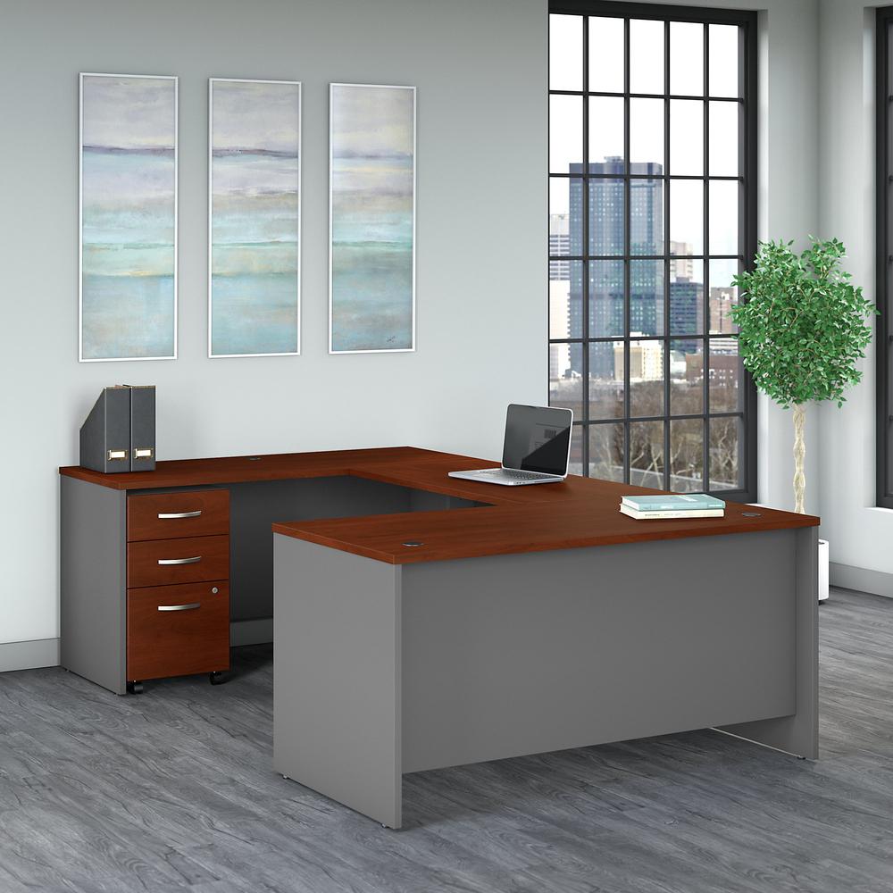 Bush Business Furniture Series C 60W U Shaped Desk with 3 Drawer Mobile File Cabinet ,Hansen Cherry/Graphite Gray. Picture 2