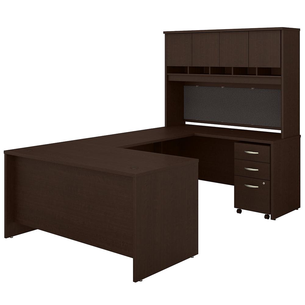 60W U Shaped Desk with Hutch and Mobile File Cabinet in Mocha Cherry. Picture 1