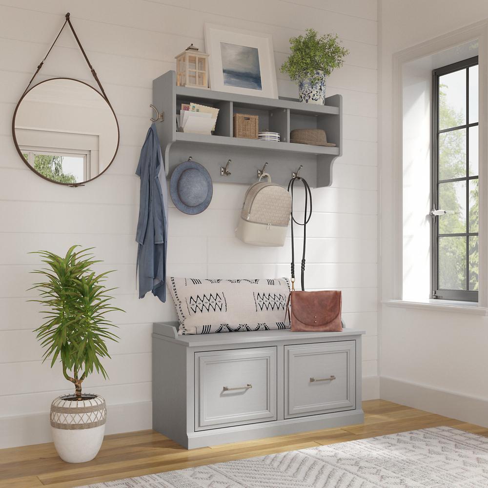 Woodland 40W Shoe Storage Bench with Doors and Wall Mounted Coat Rack. Picture 2