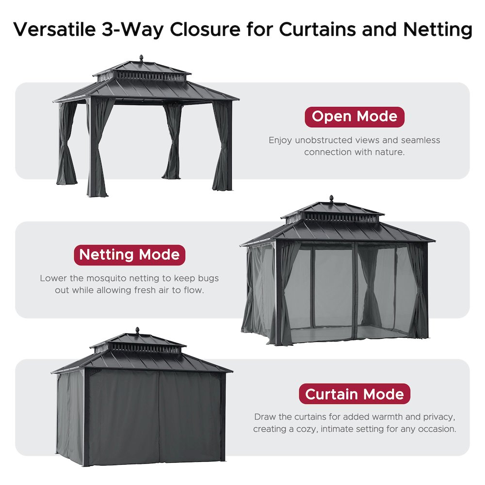 12 ft x 10 ft Hardtop Gazebo with Steel Roof, Grey Aluminum Frame - Extra-Tall. Picture 2