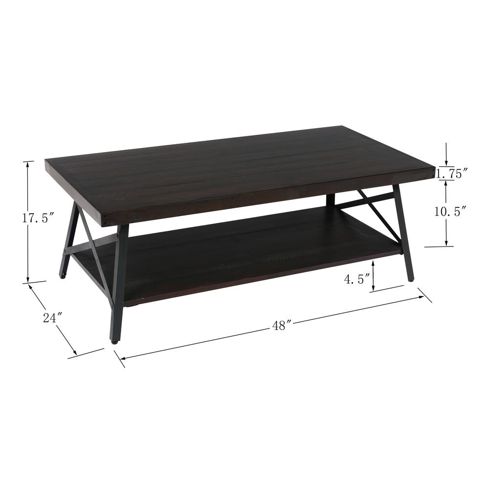Gray 48" Coffee Table with Solid Wood Top, Metal Base, And Open Storage Shelf. Picture 2