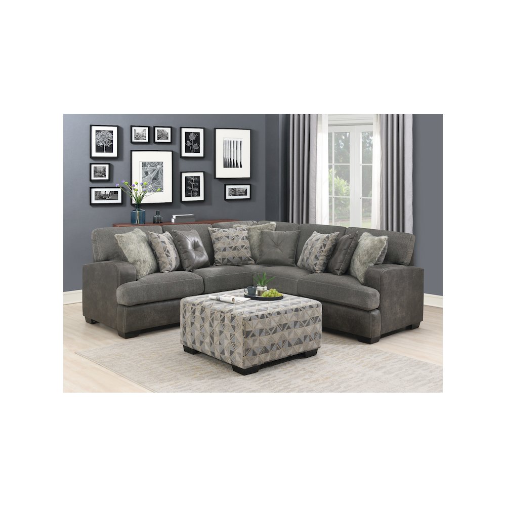Gray Herringbone & Sanded Microfiber and  Modular 3 Piece Sectional. Picture 2