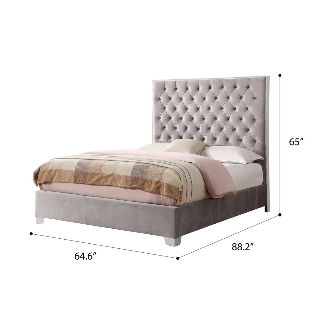 Queen Upholstered Bed with Velvet Fabric, Chrome Trim, Button Tufted Headboard. Picture 2