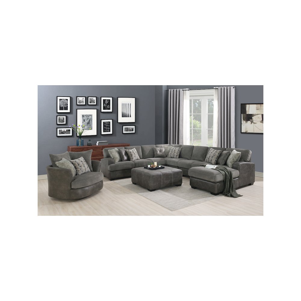 Gray Herringbone & Sanded Microfiber and  Swivel Accent Chair. Picture 2