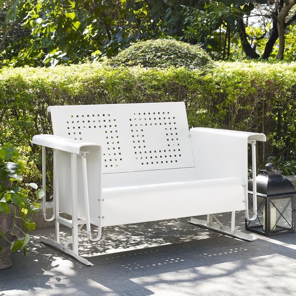 White loveseat glider with armrest and sturdy frame for outdoor patio relaxation. Picture 2