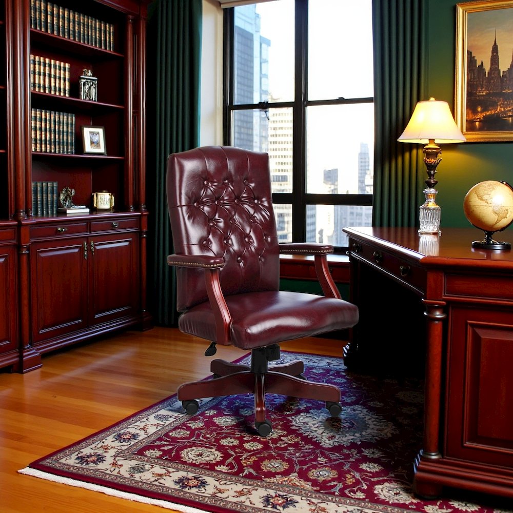 Tufted Executive Desk Chair in Burgundy Faux Leather With Mahogany Base. Picture 3