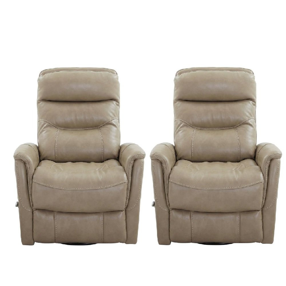 Tan linen swivel glider recliner set with transitional style and plush seating. Picture 1