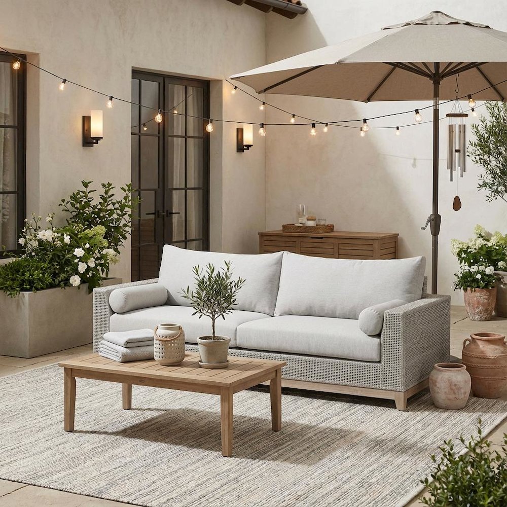 White Outdoor Sofa 90 Inches, Teak Base, Rope Weave, Removable Cushions. Picture 4