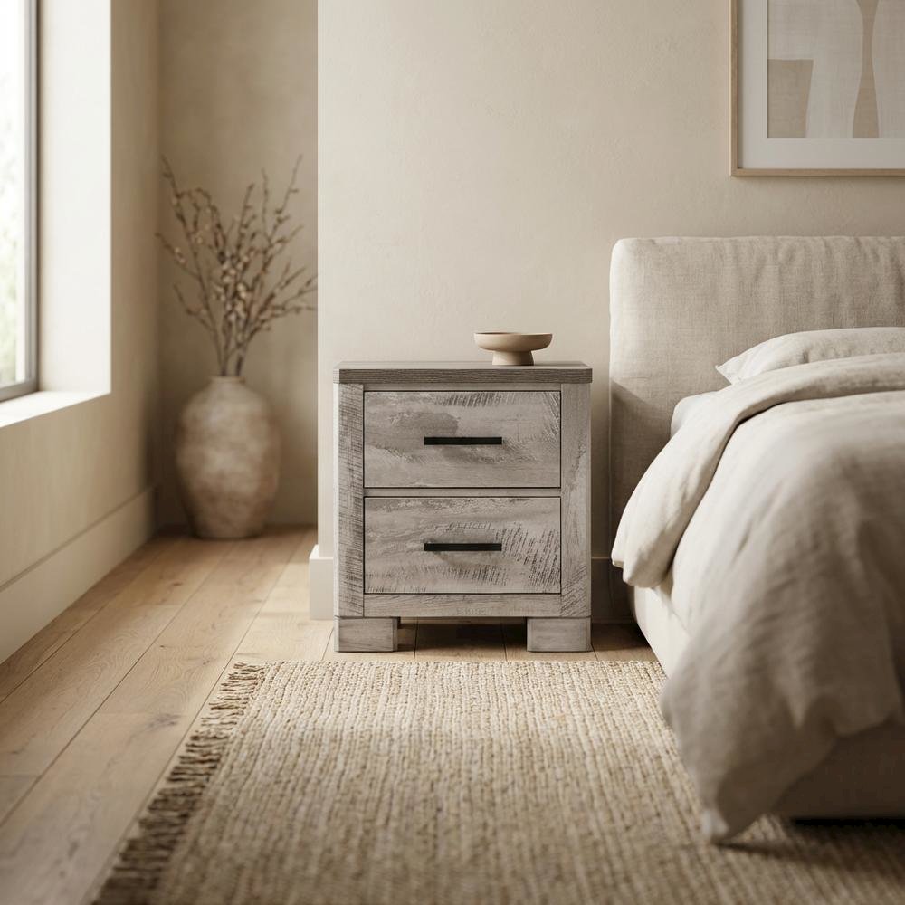 Gray 2-Drawer Wood Nightstand with Metal Handles. Picture 3