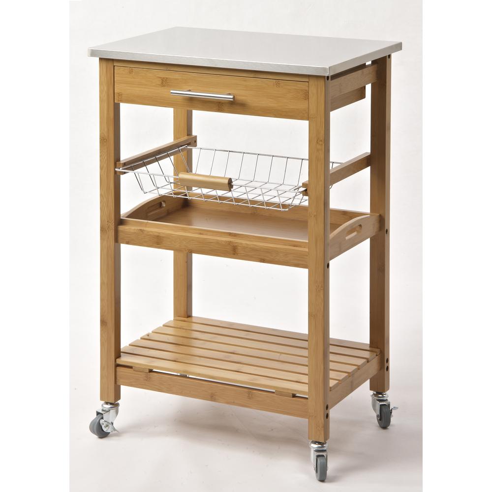 Aya Bamboo Kitchen Cart with Stainless Steel Top. Picture 1