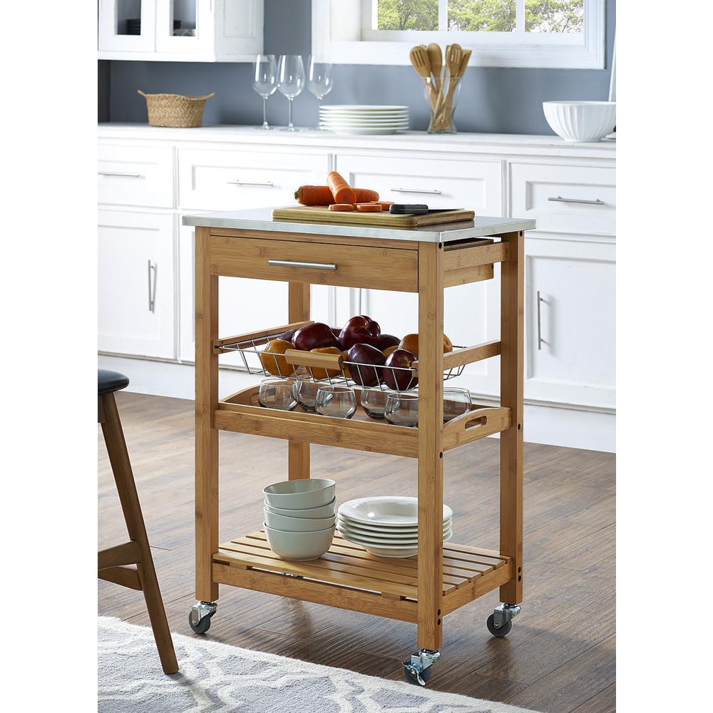 Aya Bamboo Kitchen Cart with Stainless Steel Top. Picture 2