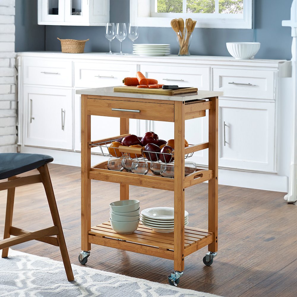 Aya Bamboo Kitchen Cart with Faux Marble Top. Picture 4
