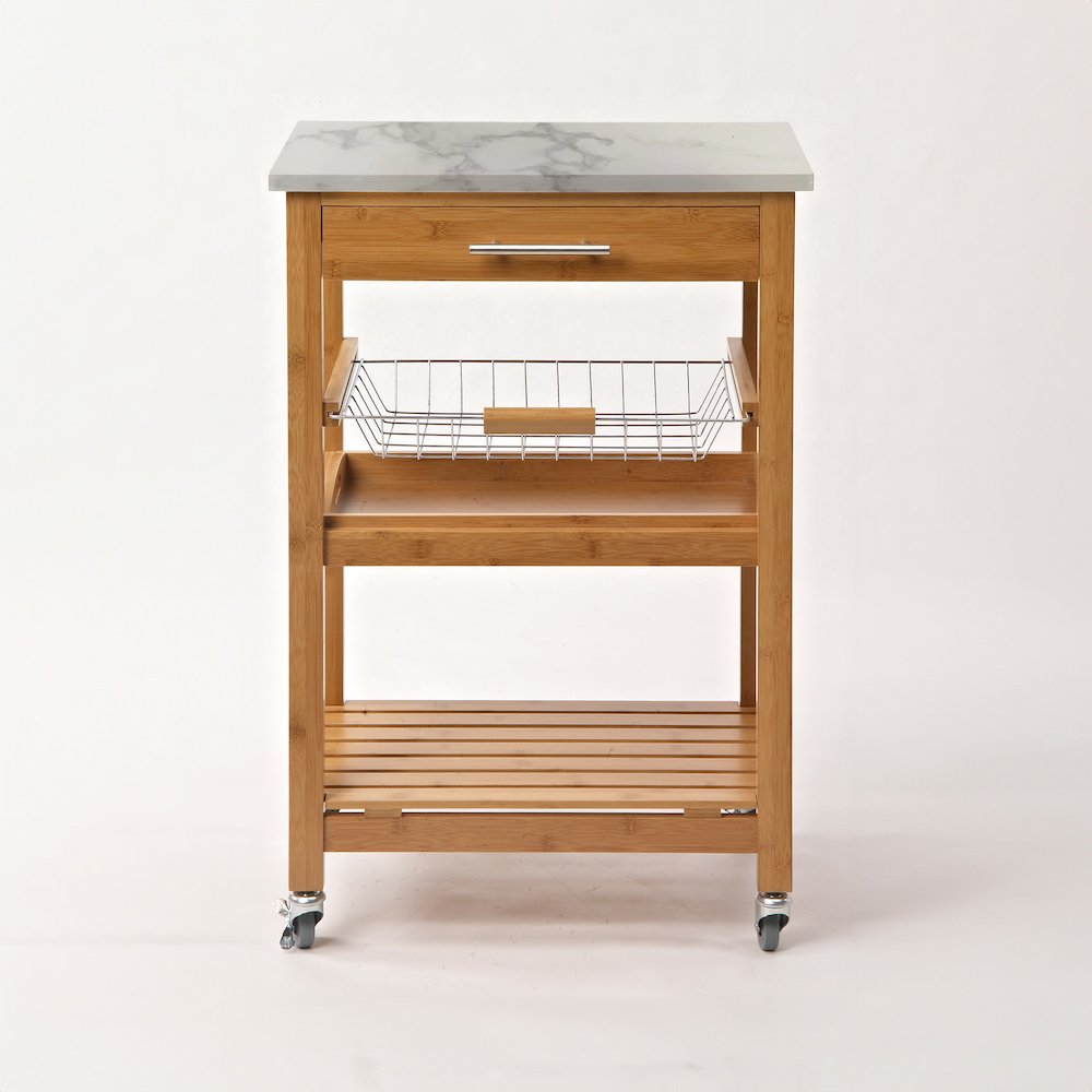 Aya Bamboo Kitchen Cart with Faux Marble Top. Picture 3