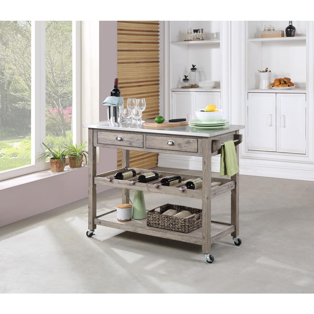 Montana Kitchen Island Stainless Steel Top - Light Barnwood Finish. Picture 6