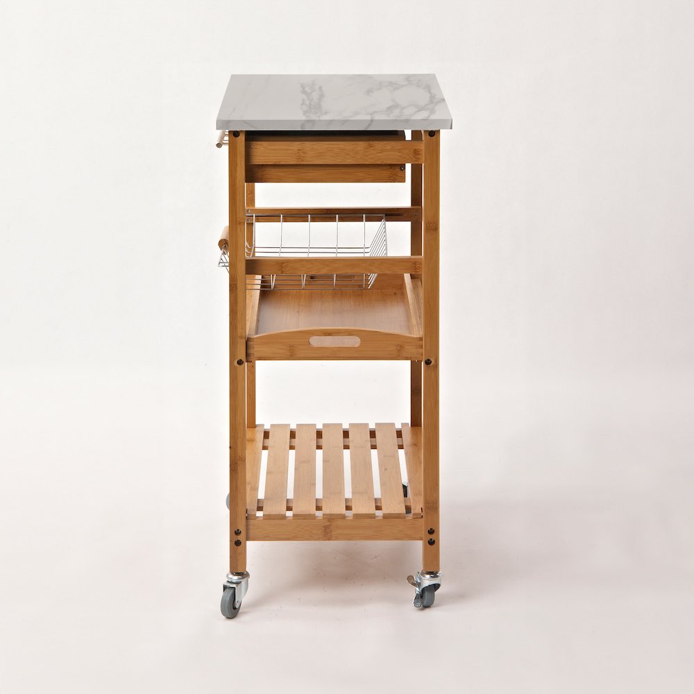 Aya Bamboo Kitchen Cart with Faux Marble Top. Picture 2