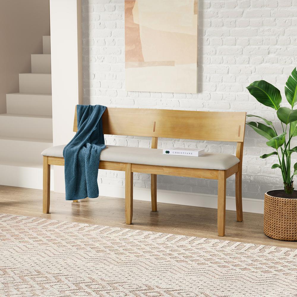 Capella Cream Fabric Dining Height Bench - Natural Finish. Picture 6