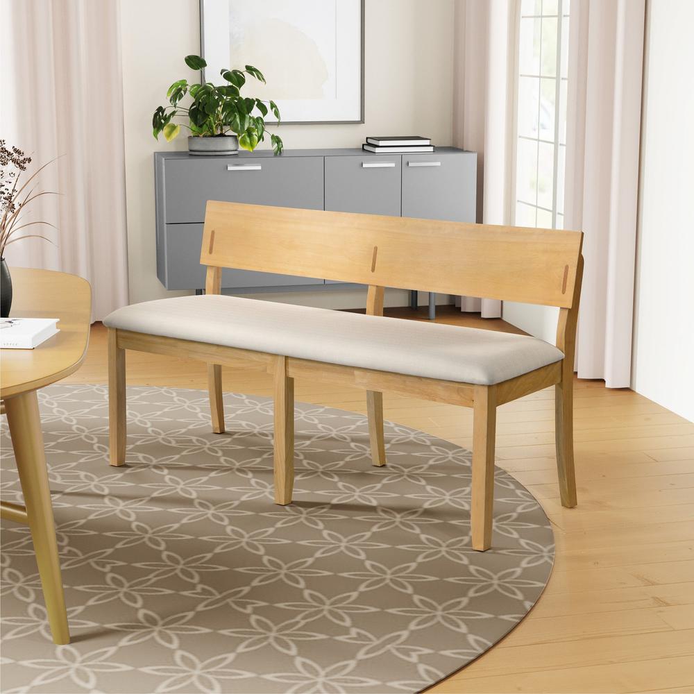 Capella Cream Fabric Dining Height Bench - Natural Finish. Picture 5