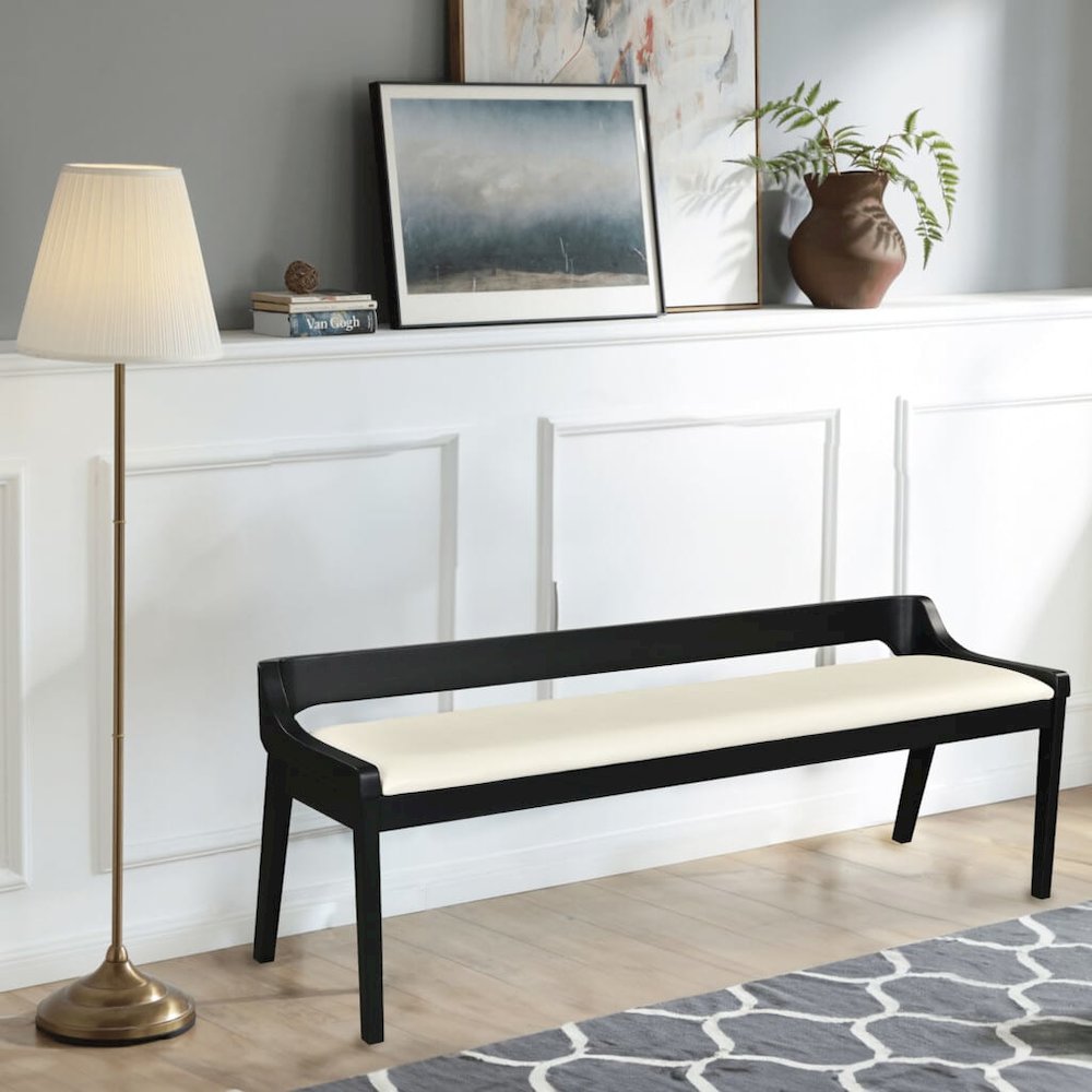 Rasmus Cream Faux Leather Wood Dining Bench - Black Finish. Picture 6