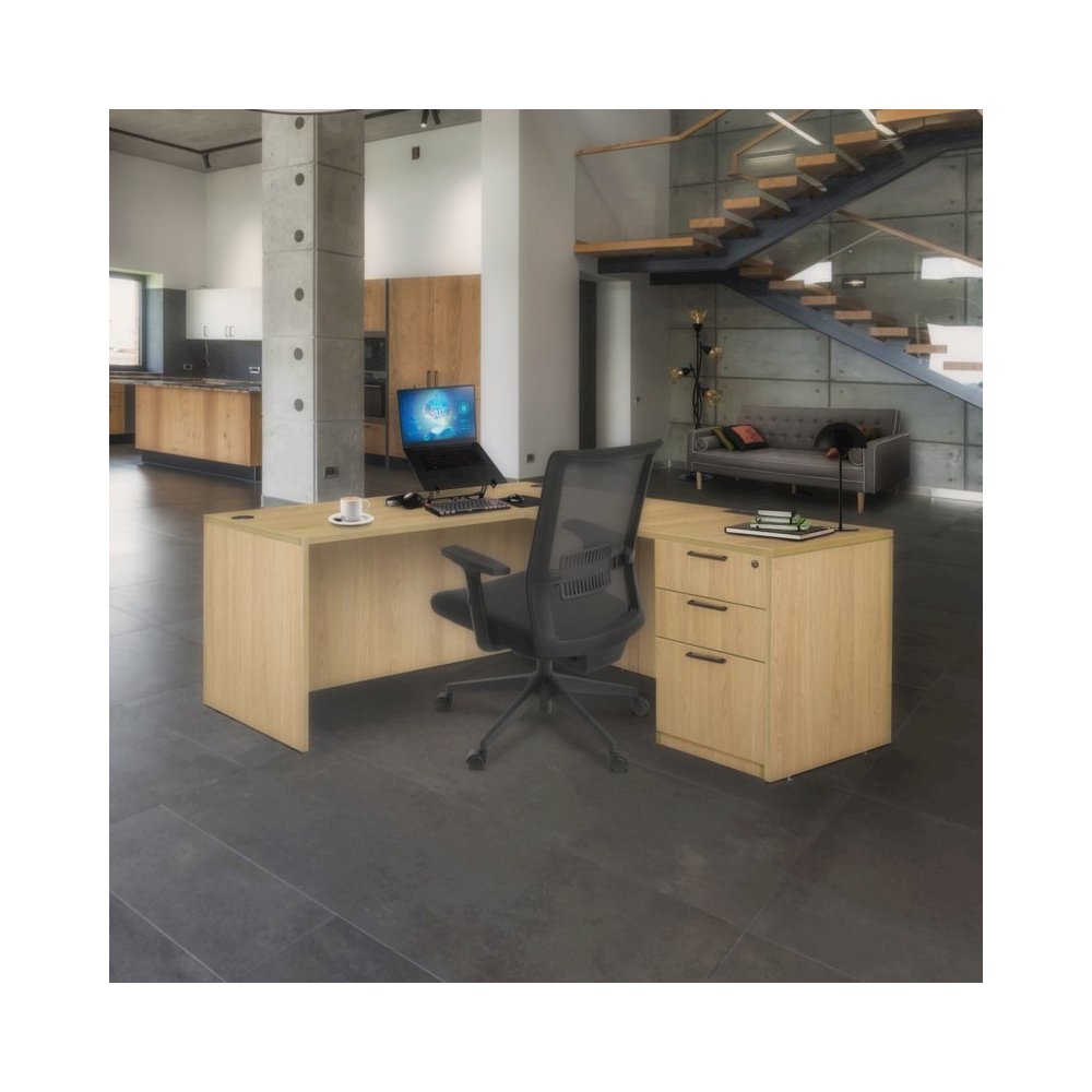 60 x 77 in. L Desk with Single Full Pedestal Drawer Unit- Noble Oak. Picture 3