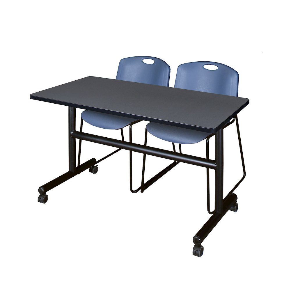 48 x 30 in. Flip-Top Training Nesting Table- Grey, 2 Zeng Stack Chairs- Blue. Picture 1
