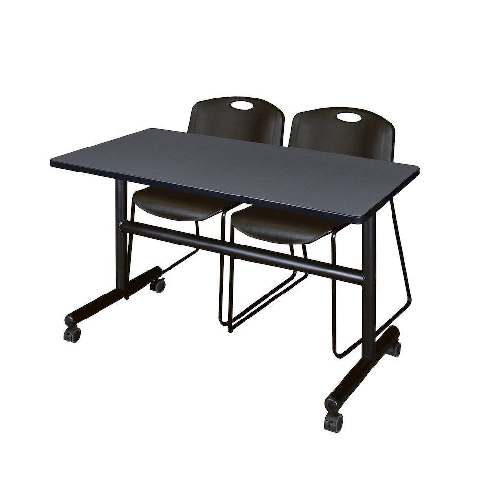 48 x 30 in. Flip-Top Training Nesting Table- Grey, 2 Zeng Stack Chairs- Black. Picture 1