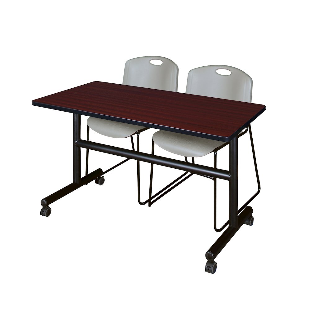 48 x 30 in. Flip-Top Training Nesting Table- Mahogany, 2 Zeng Stack Chairs- Grey. Picture 1