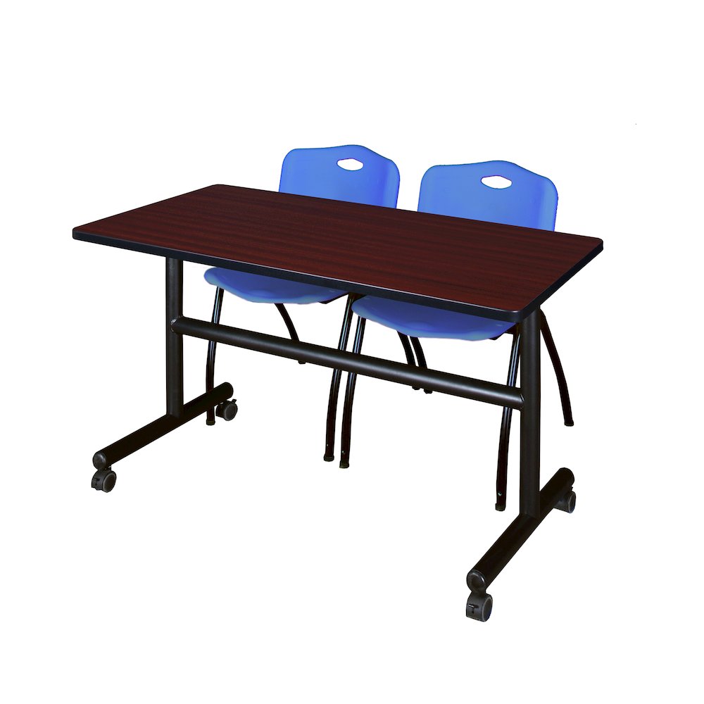 48 x 30 in. Flip-Top Training Nesting Table- Mahogany, 2 M Stack Chairs- Blue. Picture 1