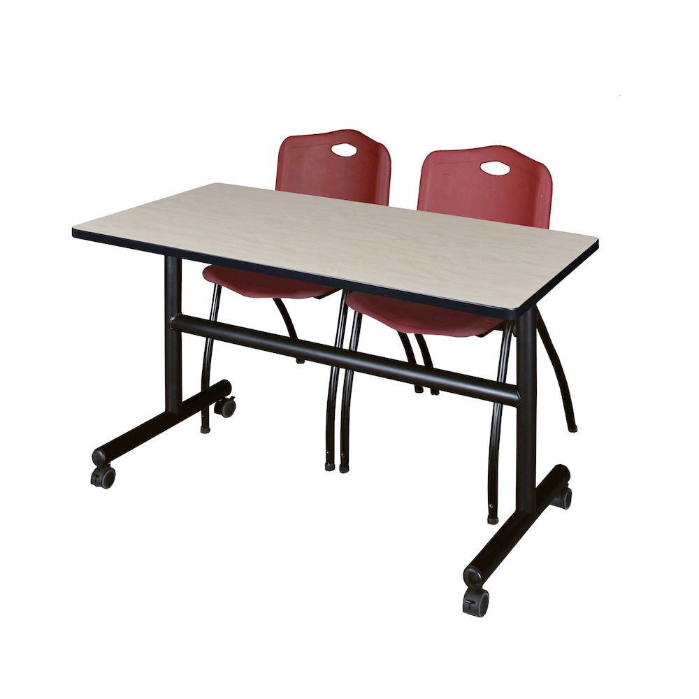 48 x 30 in. Flip-Top Training Nesting Table- Maple, 2 M Stack Chairs- Burgundy. Picture 1