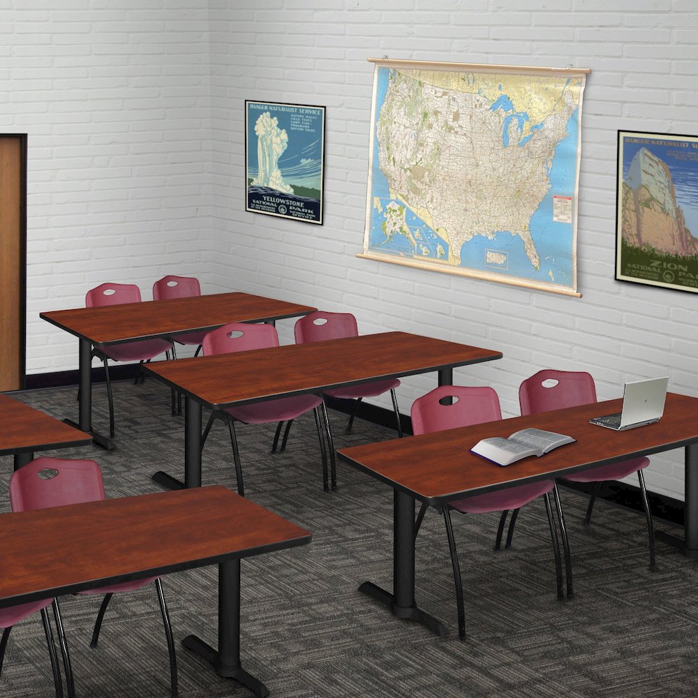 66 x 24 in. T-Base Training Seminar Table- Cherry & 2 M Stack Chairs- Burgundy. Picture 9