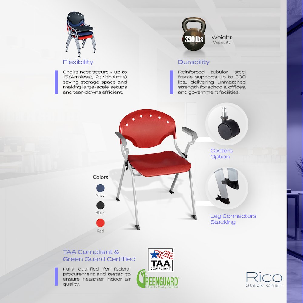 Rico Classroom Training Stack Chair with Arms - Black - 4 Pack. Picture 3