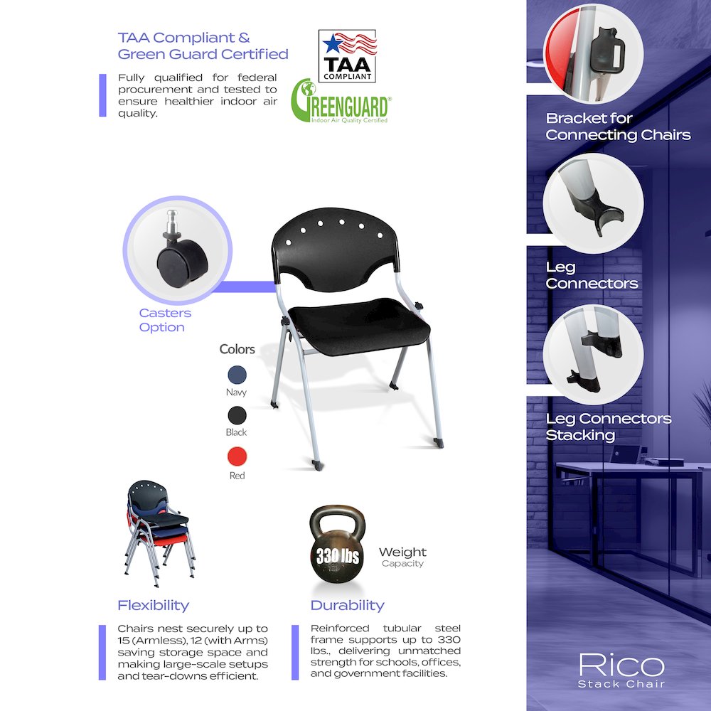 Rico Classroom Training Stack Chair Armless - Black - 4 Pack. Picture 3