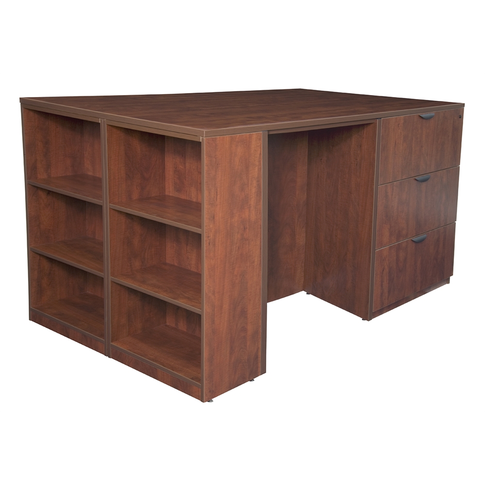 Legacy Stand Up 2 Lateral File/ 2 Desk Quad with Bookcase End- Cherry. Picture 1